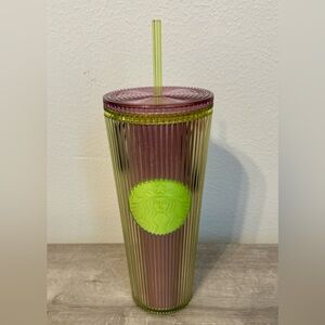 Starbucks2025 Neon Transparent Lime Lilac Pleated Striped Venti Tumbler 24oz NWT